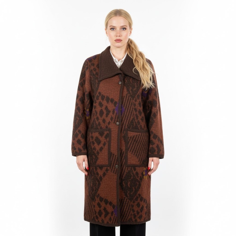 CREOLA KNIT COAT BROWN GEOMETRIC PATTERN SHAWL COLLAR WOMAN